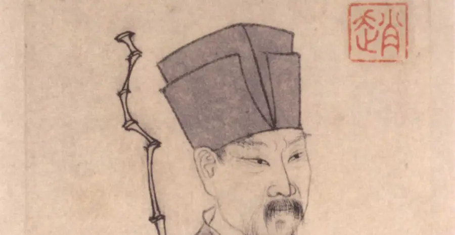 赵孟頫行书《前后赤壁赋卷》册首的东坡小画局部，头戴的为东坡帽